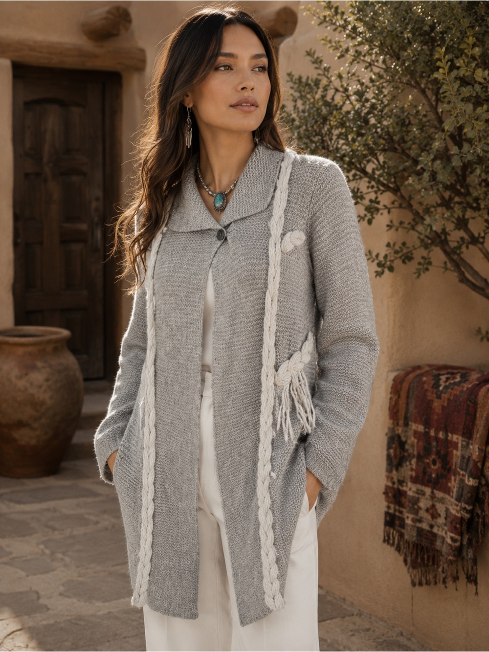 INDIGENOUS Long Artisan Made Coastal Cowgirl Southwestern Alpaca Cardigan, S